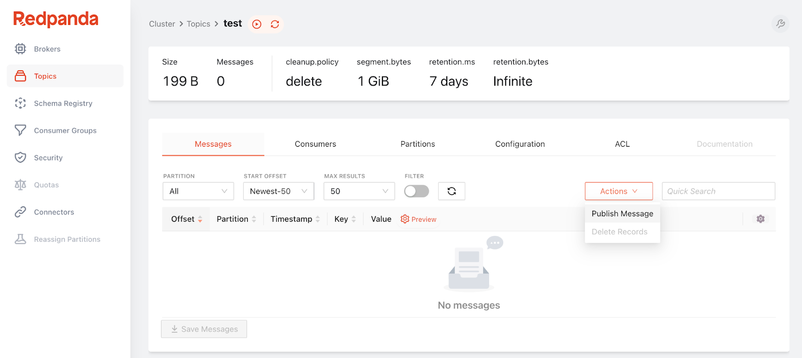 RedPanda UI with our test topic